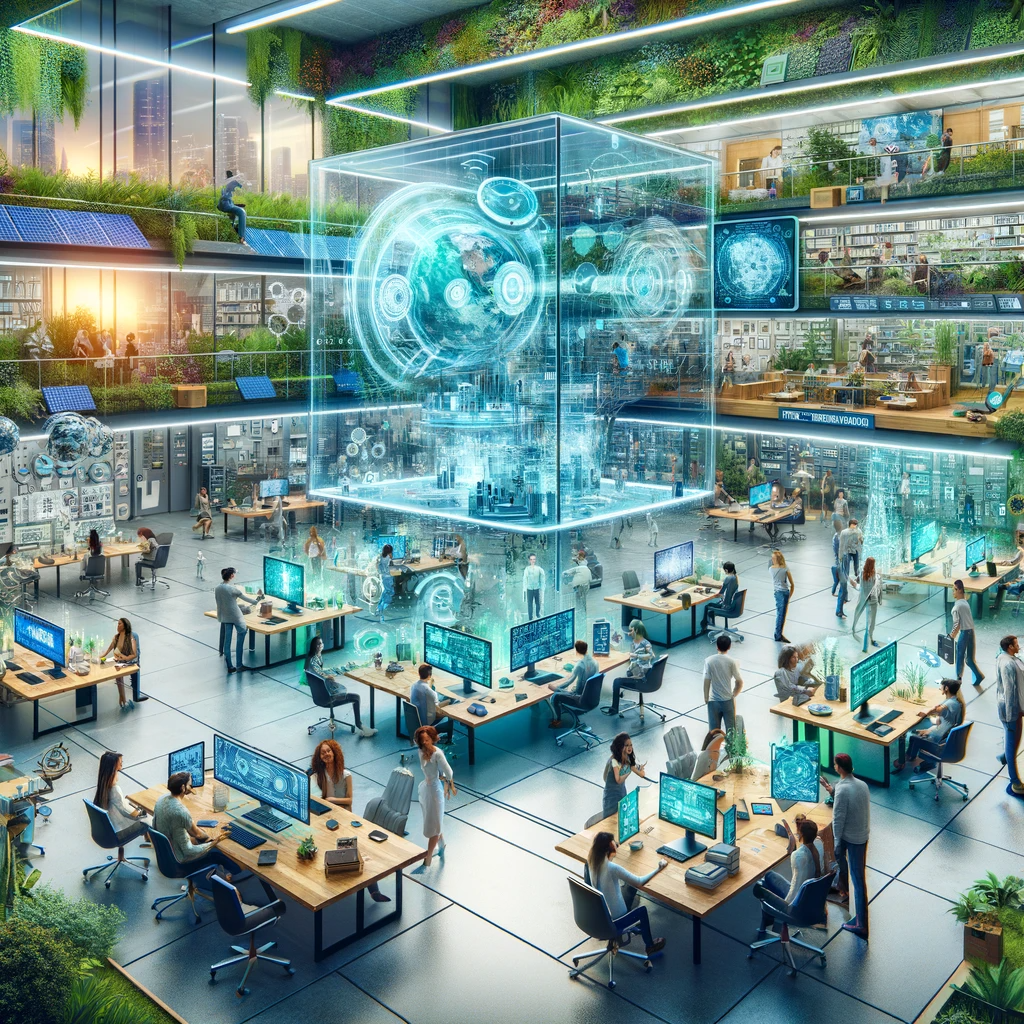 A bustling future media lab with researchers of various descents and genders working around high-tech, eco-friendly equipment. Holographic displays, green walls, and solar panels are visible.