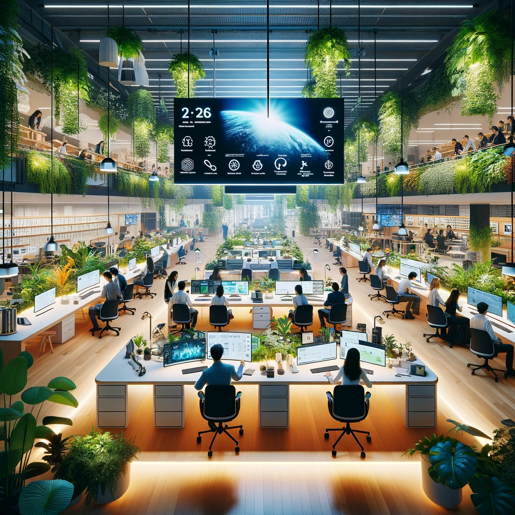 Inside a leading sustainability media lab, showing researchers of diverse descents and genders collaborating amidst advanced, eco-friendly technology and natural design elements.