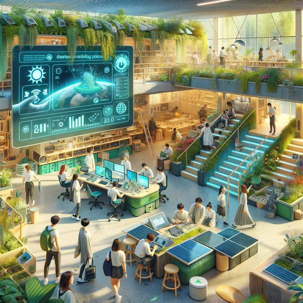 A media lab where technology meets ecology, featuring solar-powered devices, recycled furniture, and digital displays amidst indoor gardens and green walls.