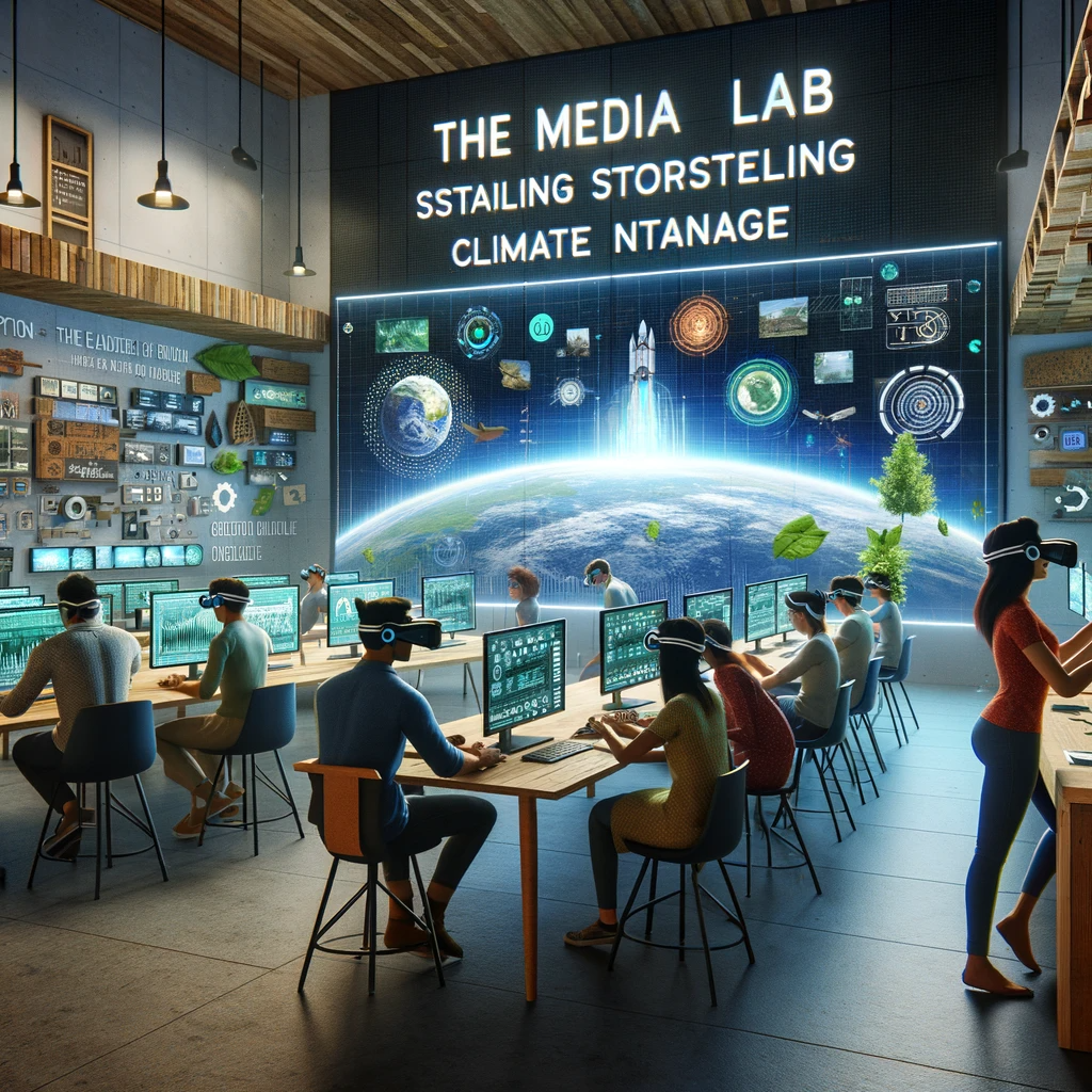  A media lab focused on sustainable storytelling about climate change, featuring eco-friendly technology, digital screens with climate data, and researchers using VR headsets.