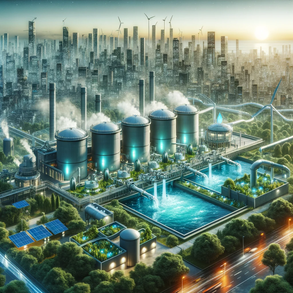 A cityscape with advanced water treatment plants converting waste water into energy, integrated with greenery and renewable energy sources.