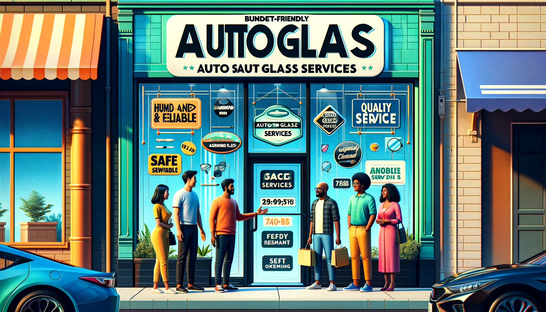 The vibrant storefront of 'Hammond's Budget-Friendly Auto Glass Services', featuring a modern design with large windows displaying auto glass types. A banner reads 'Safe and Reliable Services at Affordable Prices'. A diverse group of customers, including a South Asian man and a Middle-Eastern woman, are greeted by a Black female employee. The clean and inviting exterior displays signs promoting budget-friendly and quality services.