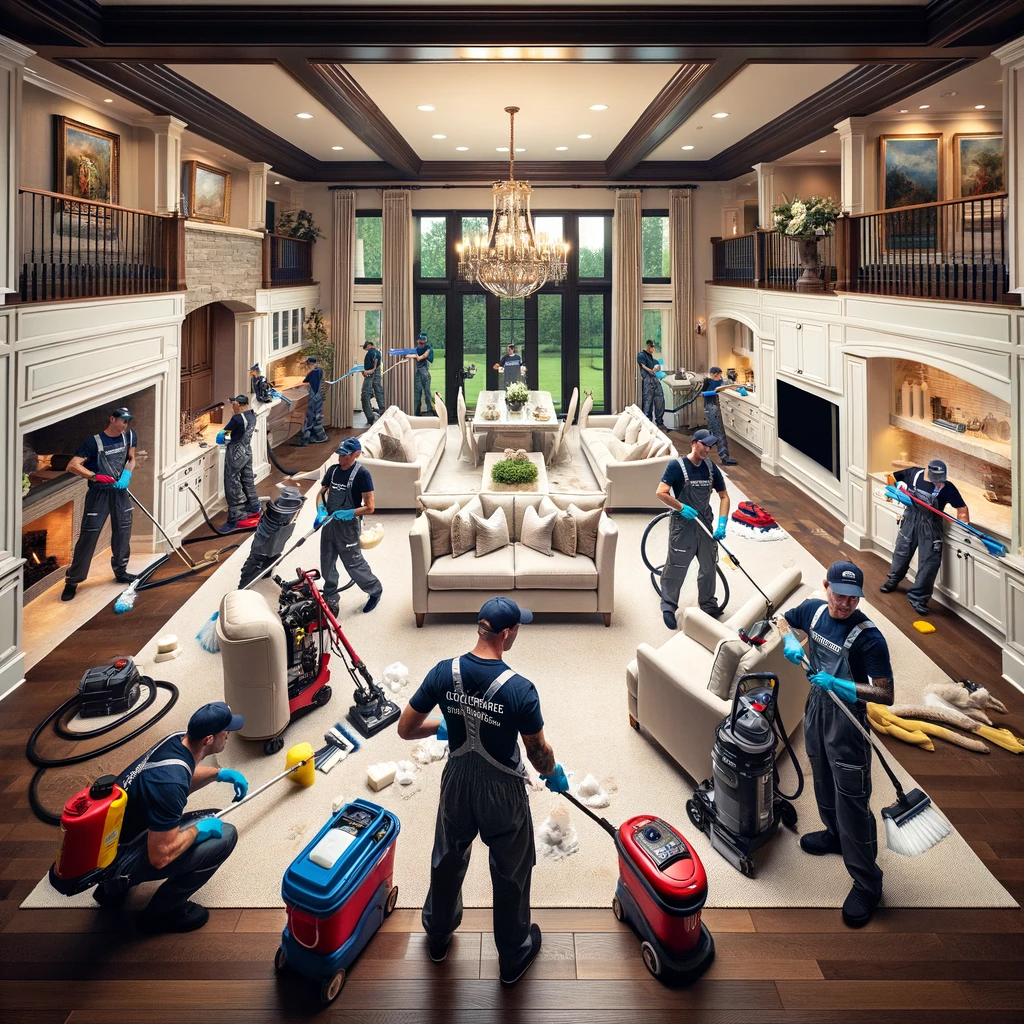 Elite cleaners competing in house cleaning inside a luxurious Indianapolis home, with spectators observing.