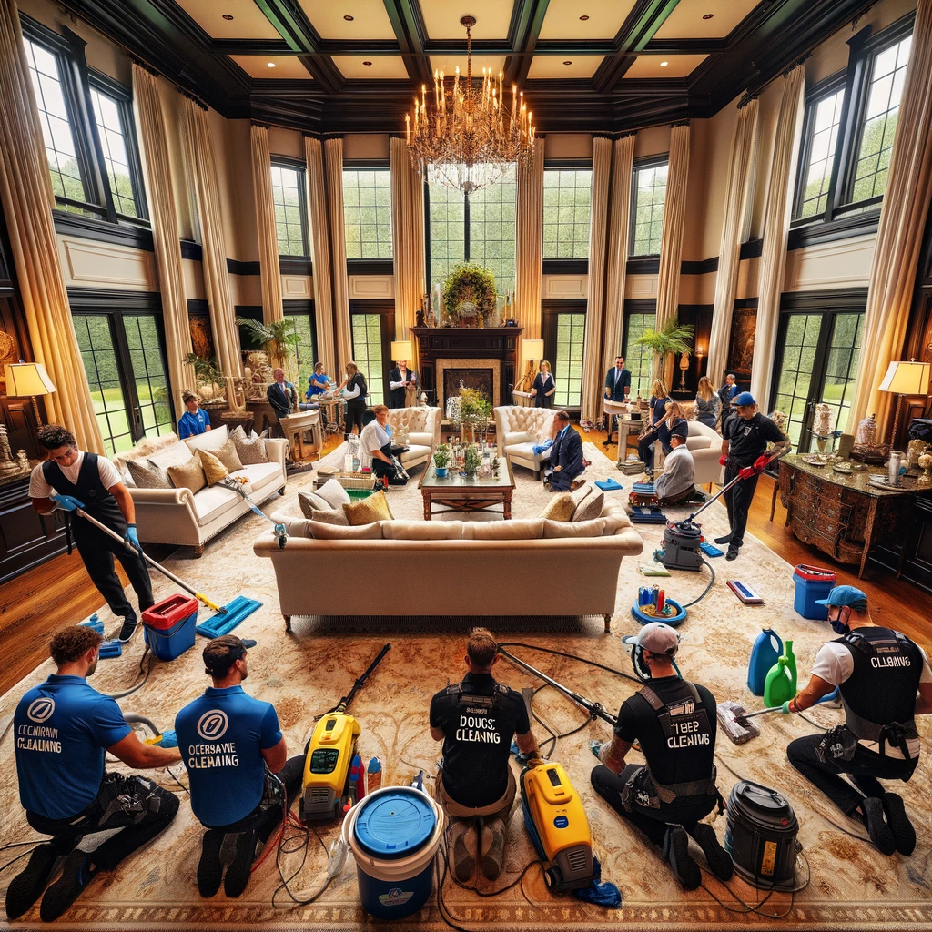 Professional cleaning teams competing in a grand Indianapolis residence, with an audience evaluating their performance.