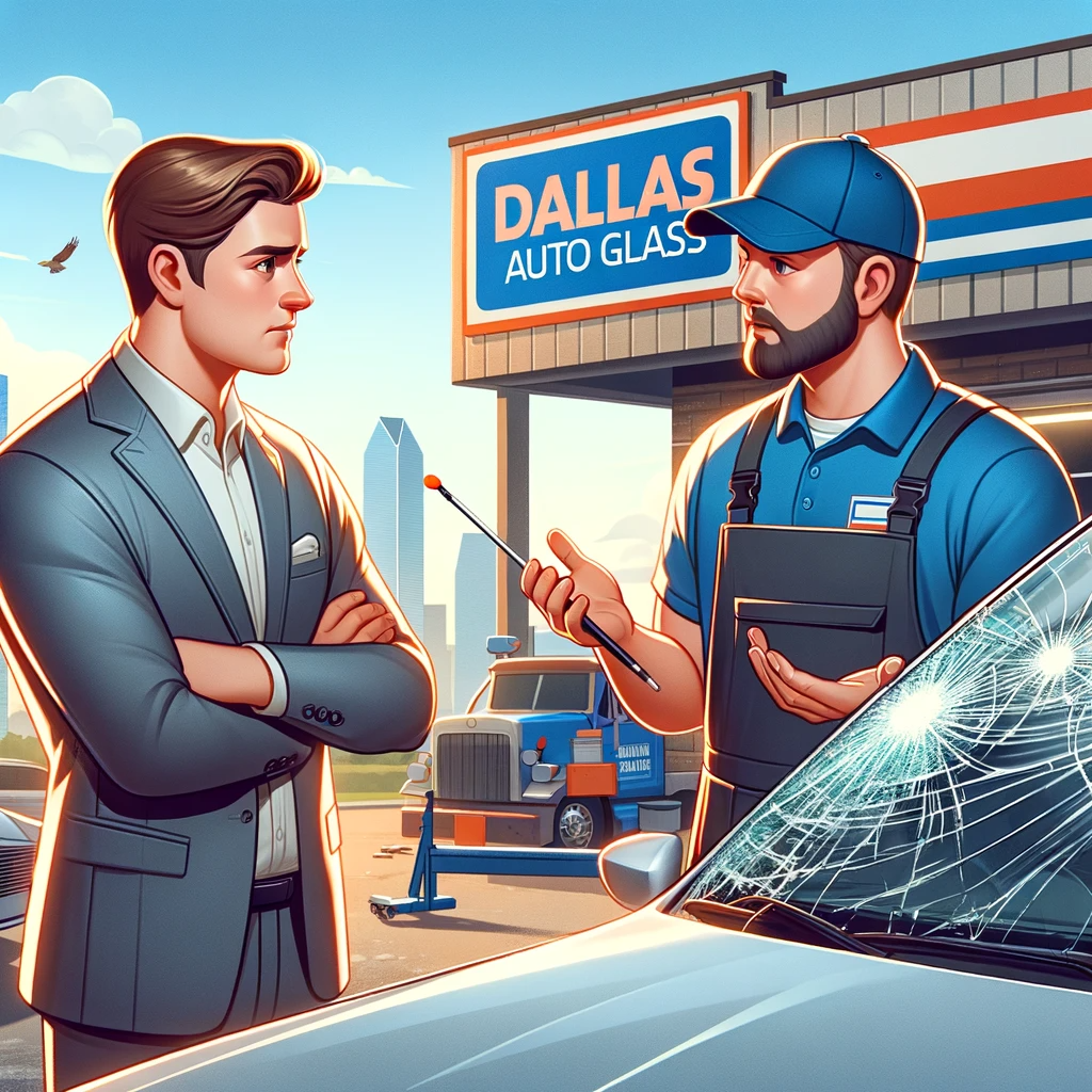 A Dallas driver discussing a damaged windshield with an auto glass technician outside a reputable repair shop.
