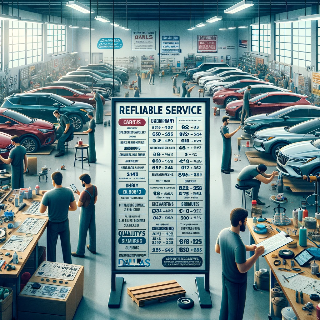  Interior of a busy Dallas auto glass repair shop with a display board listing services and customers interacting with technicians.