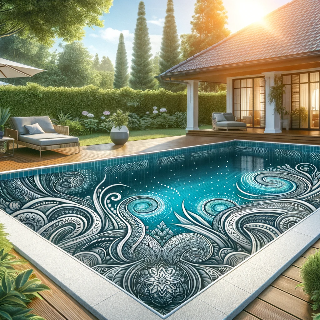 A luxurious backyard pool with a beautifully designed Merlin pool liner, featuring an intricate pattern and surrounded by lush greenery in a sunny setting.