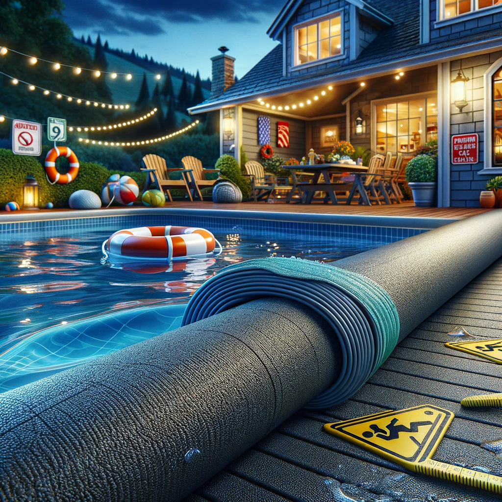 Close-up of a Merlin pool liner's texture, emphasizing its durability and slip-resistance, with safety equipment like a lifebuoy around the pool in an evening setting.