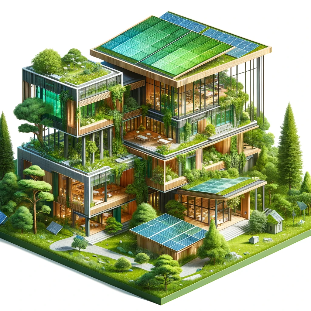 Eco-friendly building made with bamboo, recycled wood, and solar panels, surrounded by lush greenery.