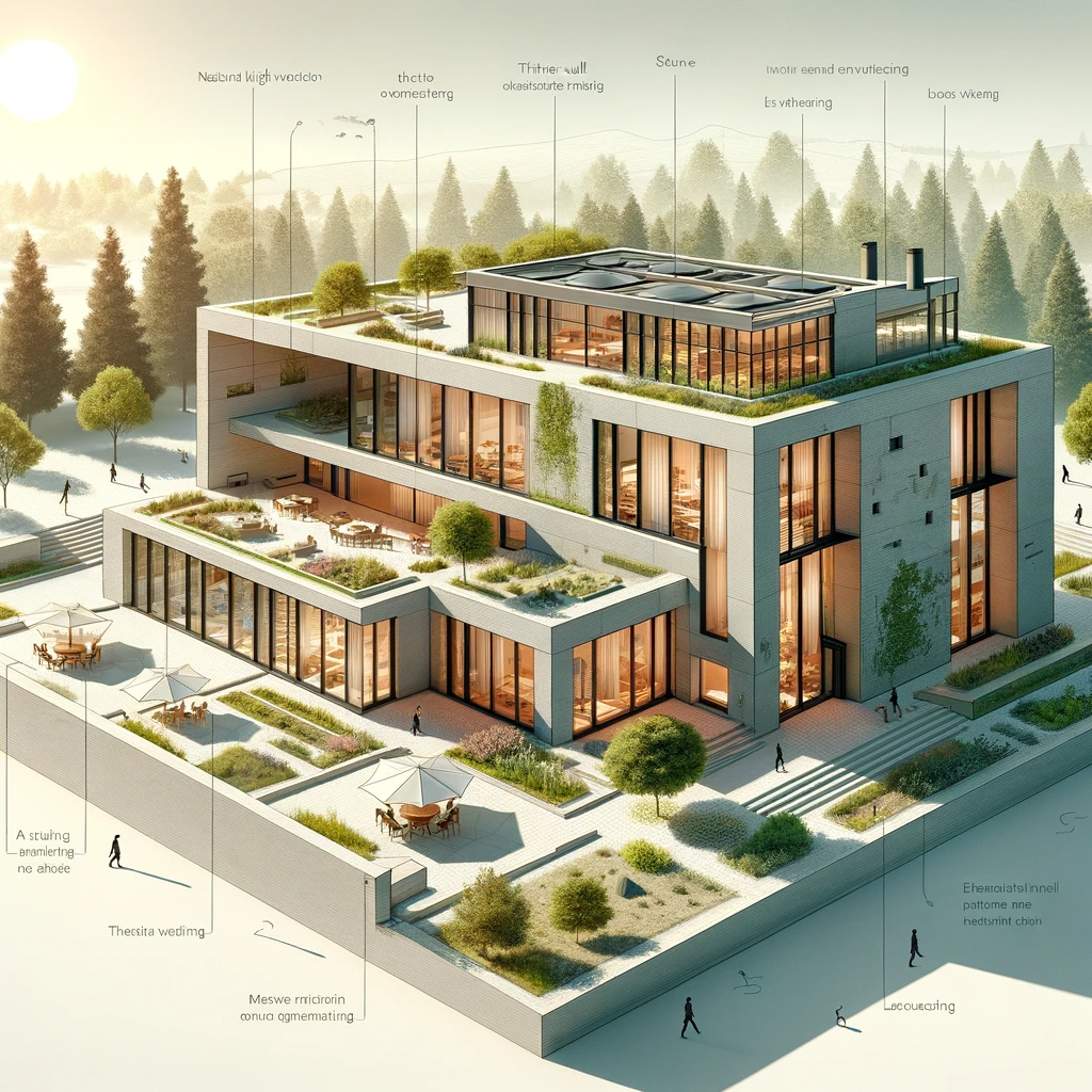 Green building with large windows, skylights, and eco-friendly landscaping.