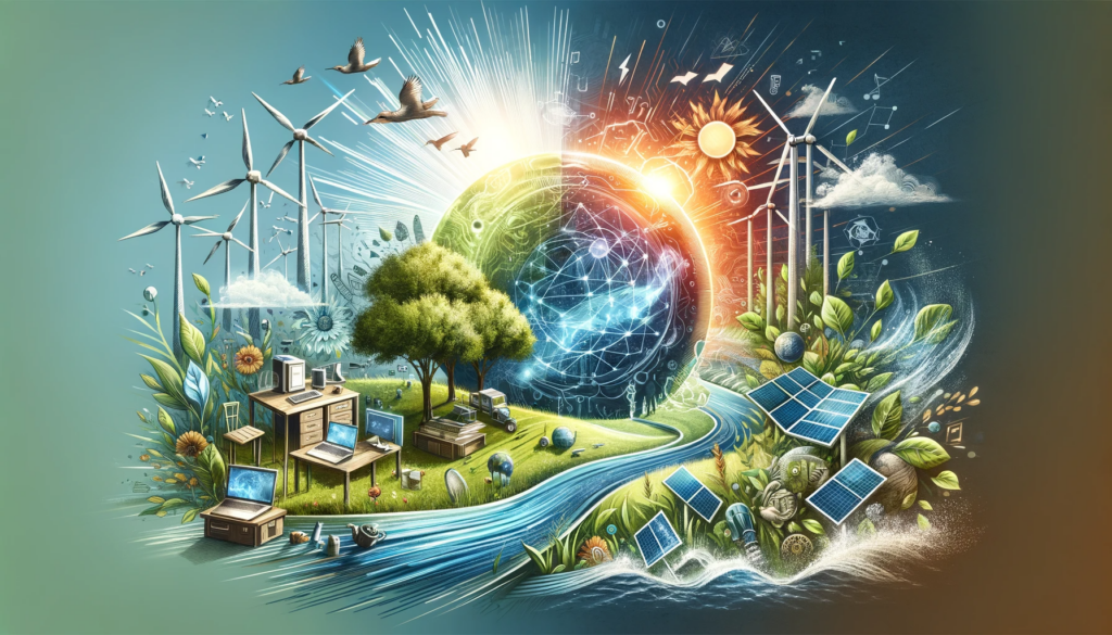 An image depicting the harmonious blend of technology and nature, with elements like solar panels, wind turbines, and natural landscapes.