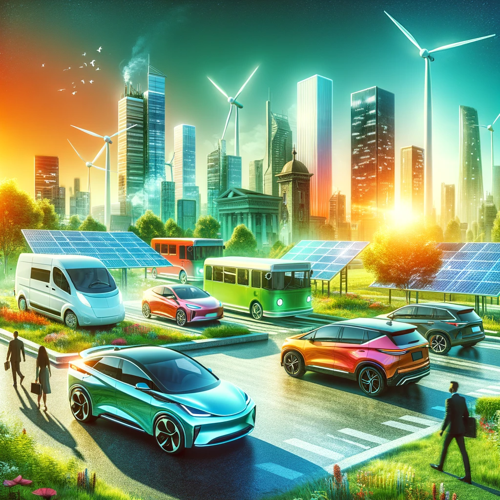 "Electric vehicles, from sedans to SUVs, in a green city with solar panels and wind turbines, showcasing sustainable living."