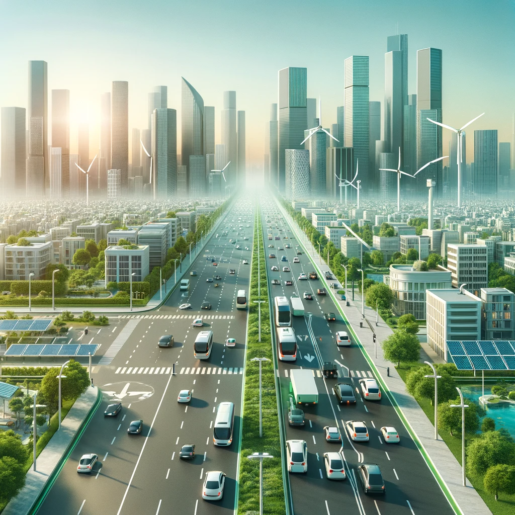 "Futuristic cityscape with electric vehicles, solar panels, and wind turbines, symbolizing reduced greenhouse gas emissions."