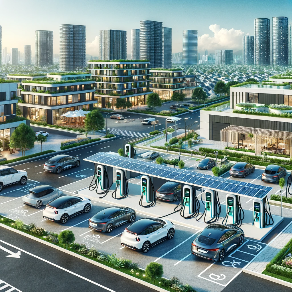 "Modern cityscape with electric vehicle charging stations across public areas, showcasing sustainable development."