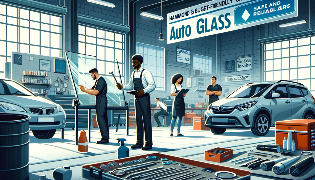 An automotive service center titled 'Hammond's Budget-Friendly Auto Glass Services'. The workshop is clean and well-organized with technicians working on cars. A Black man is installing a windshield with precision, and a Caucasian woman is discussing services with a Hispanic customer. The shop features various tools and neatly arranged auto glass, with a sign for 'Safe and Reliable' services.