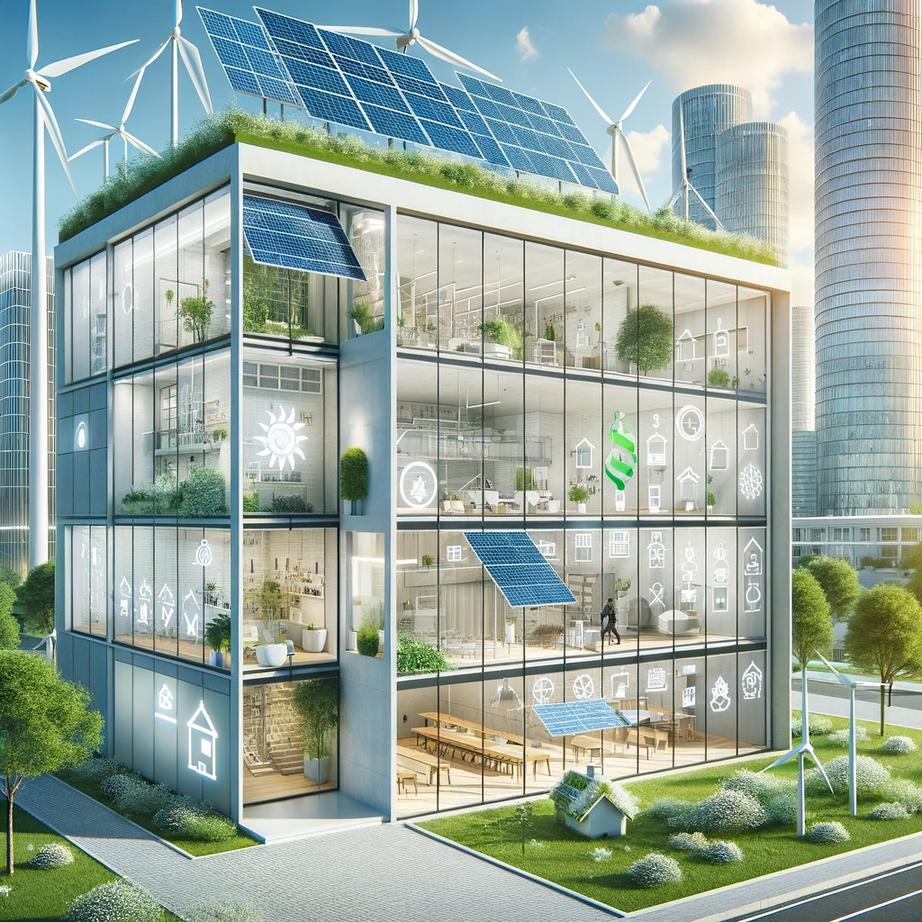 Modern sustainable building with solar panels, wind turbines, and smart windows.