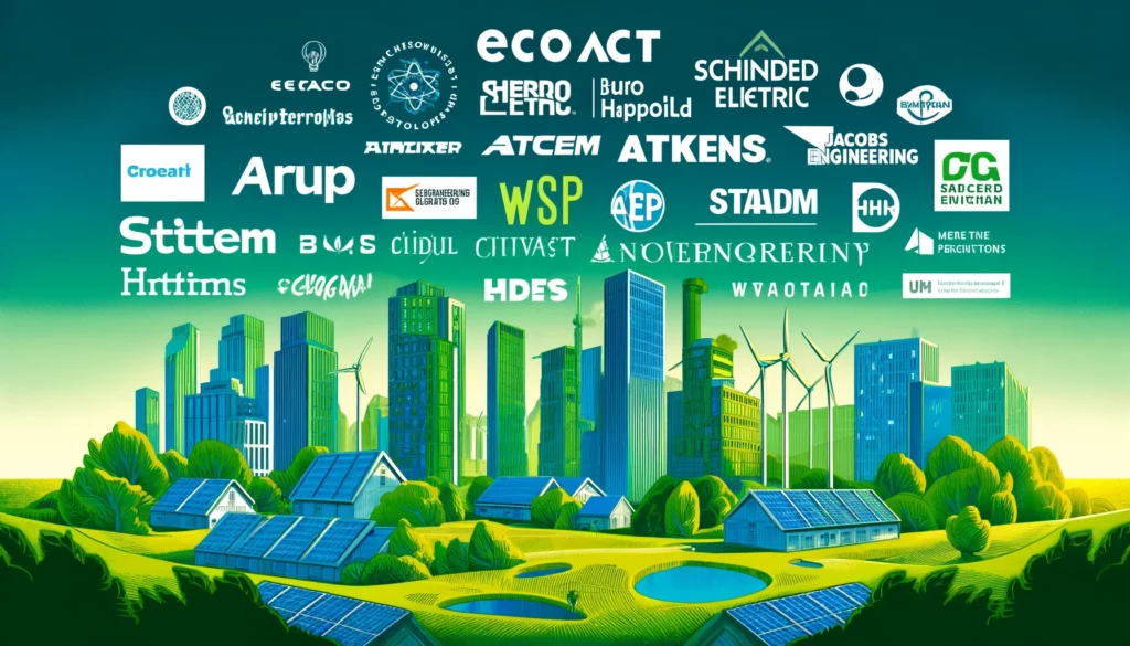 Logos of top sustainable development firms against a backdrop of green buildings, solar panels, and wind turbines.
