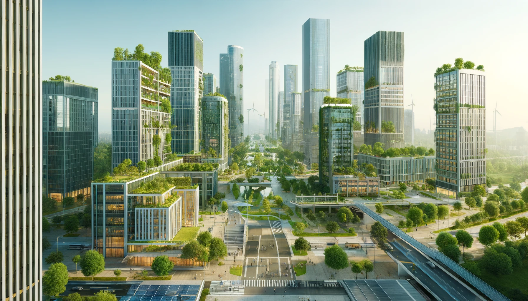 A modern cityscape with sustainable buildings featuring green roofs, plant-covered facades, solar panels, and wind turbines, set among pedestrian-friendly walkways, green parks, and eco-friendly public transport.