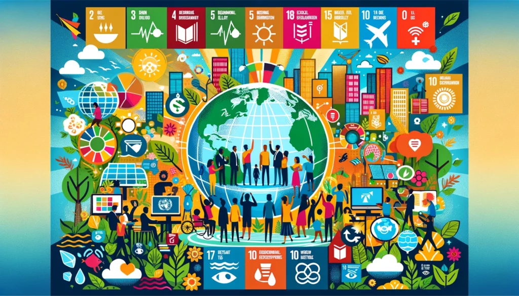 An illustration of people collaborating to achieve the Sustainable Development Goals, surrounded by symbols representing each goal, with nature and city elements in the background.