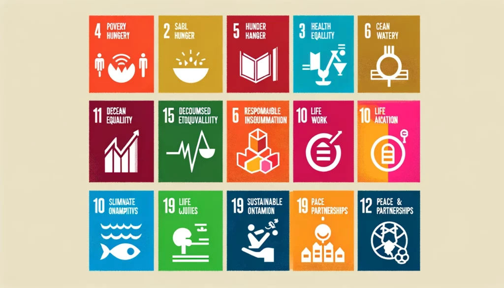 Infographic of the 17 Sustainable Development Goals (SDGs) with icons and labels.