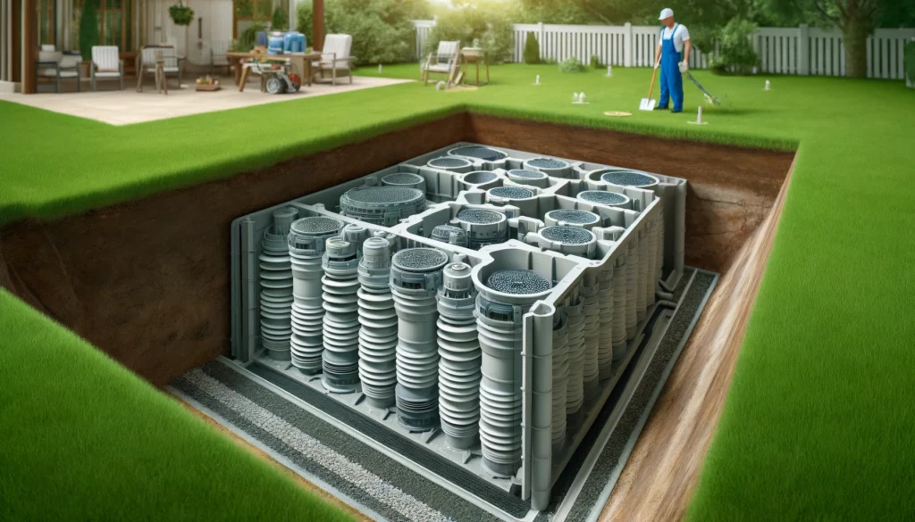 A modern septic system with infiltrator panels installed underground, showing high-density plastic chambers through a cutaway view.