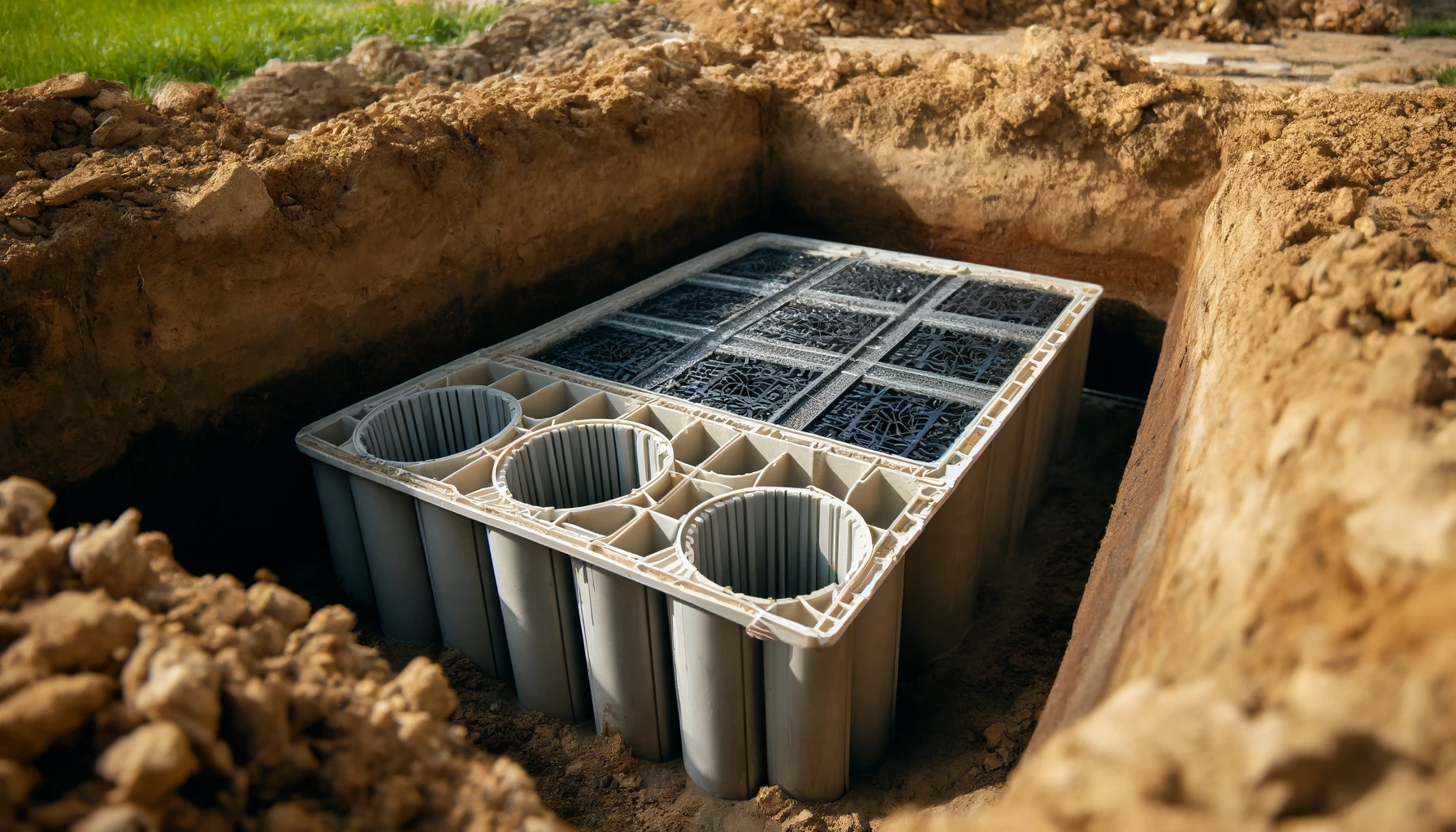 Close-up view of infiltrator panels in a septic system installation, highlighting the durable plastic chambers and surrounding soil.